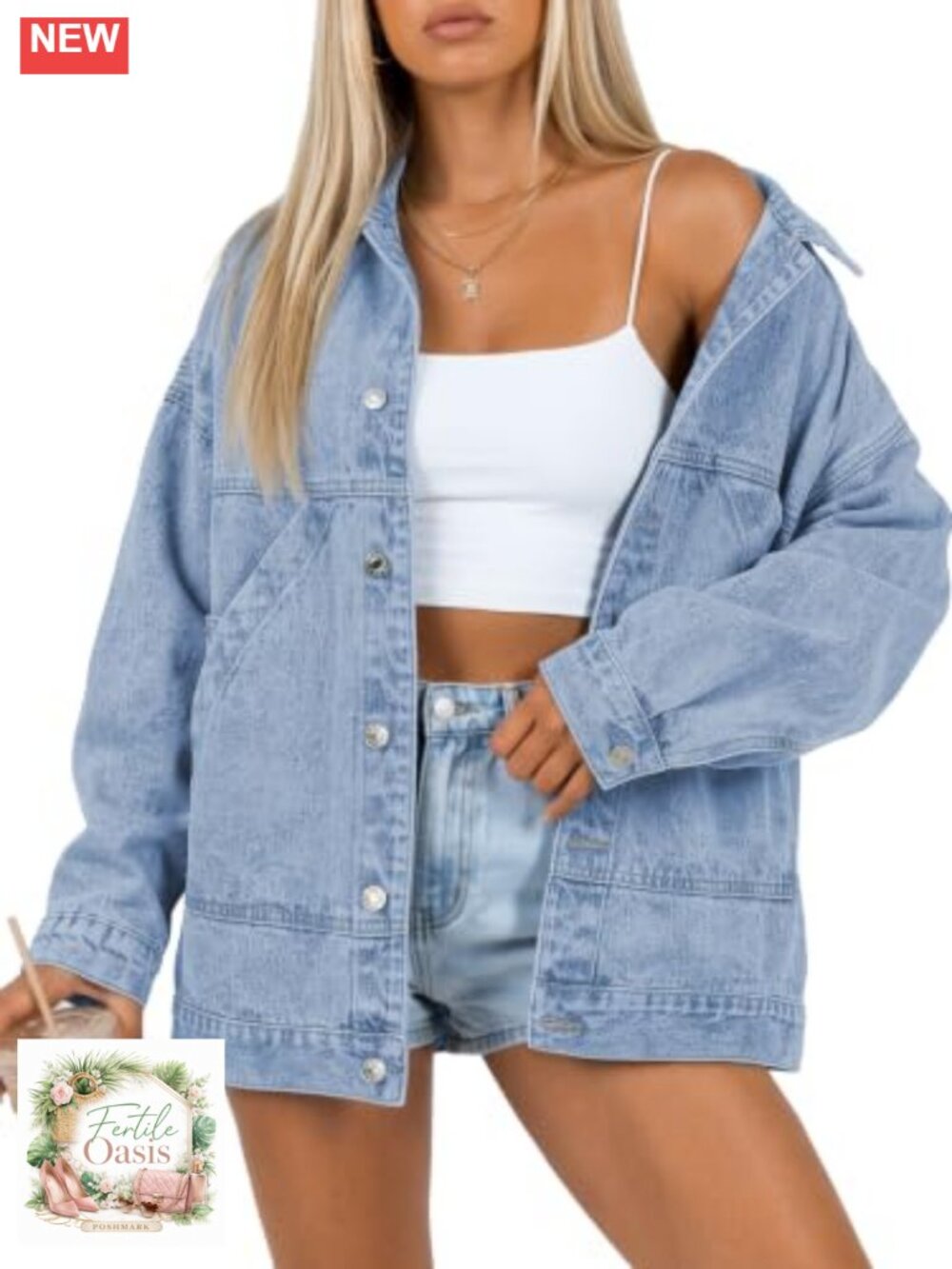 Women's Oversized Denim Jacket Boyfriend Fit Cotton Trucker Coat